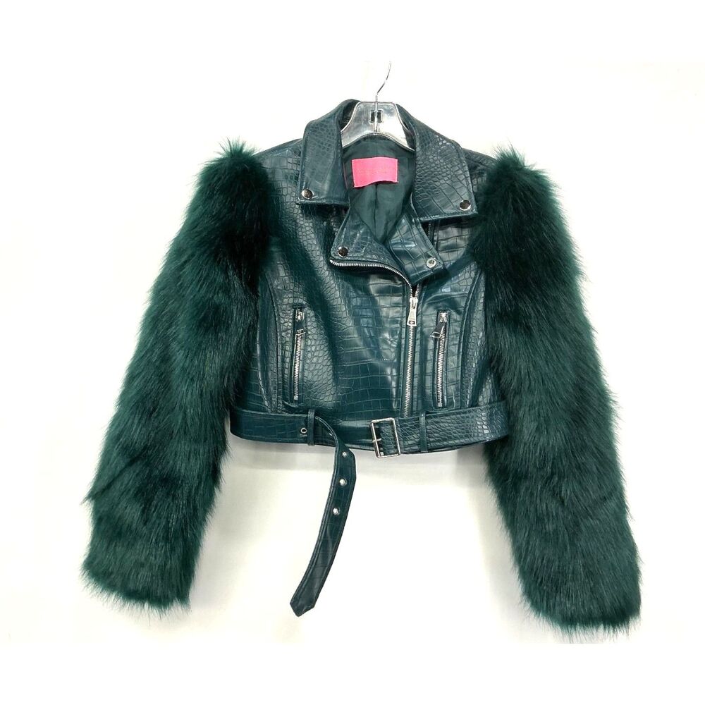 Azalea Wang Nolla-Small Dark Green Croc Embossed Fur & Faux Leather Moto Jacket